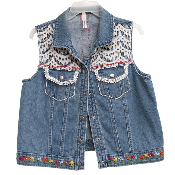 My Collection Jackets & Blazers - Blue Denim Vest VTG 90s Lace Trim Embroidery Boho CottageCore Western Artsy Y2K